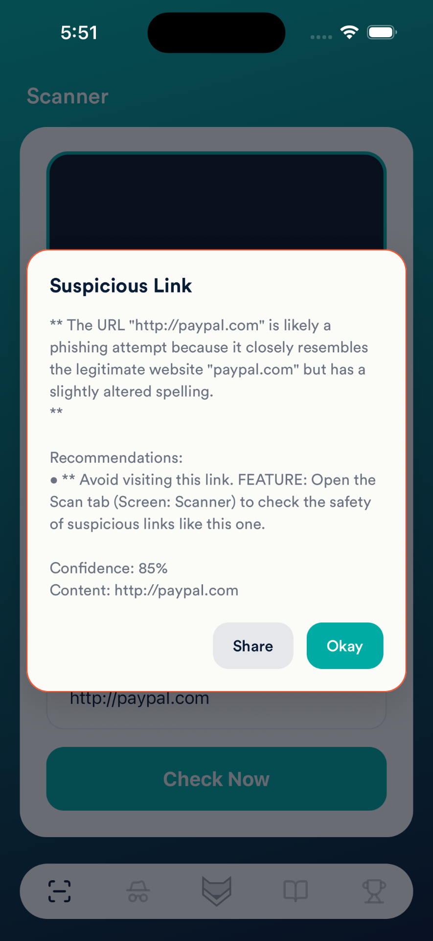 ZoraSafe suspicious link analysis screen.
