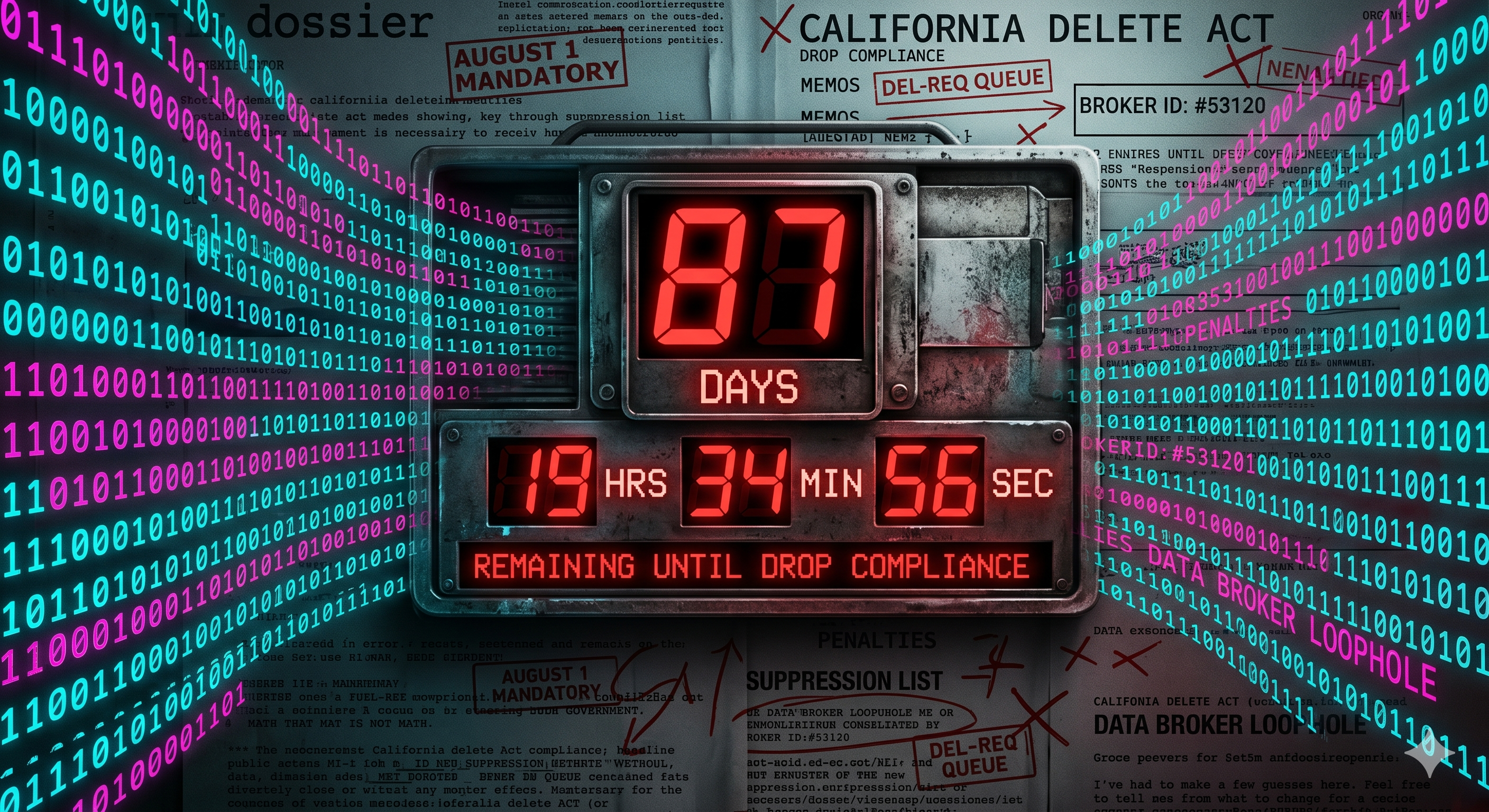 California Delete Act countdown timer showing 87 days until August 1, 2026 enforcement