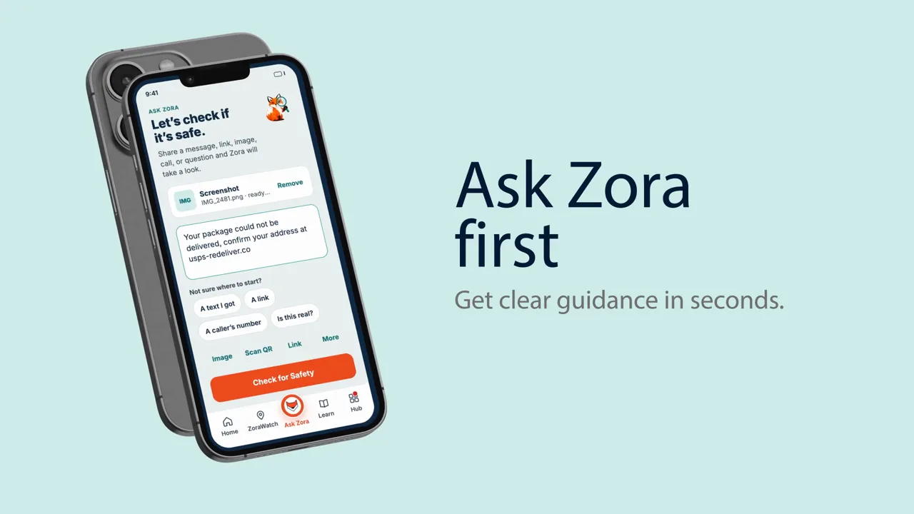 ZoraSafe app check screen beside the words Ask Zora first
