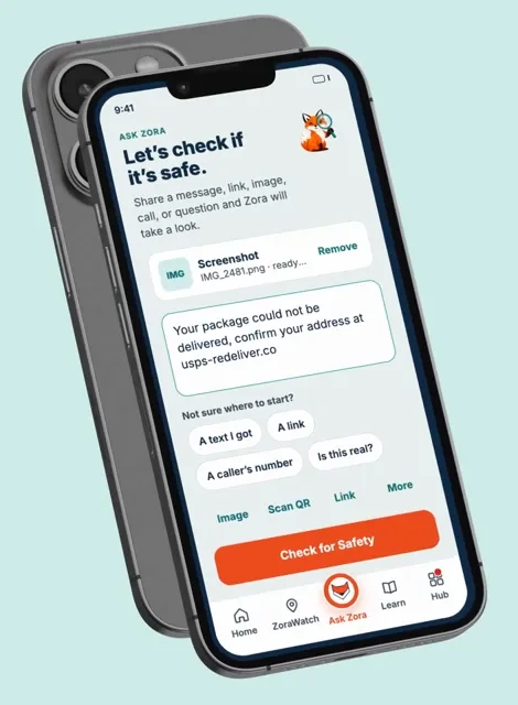 Actual current Ask Zora screen with a suspicious delivery message ready for a user-initiated check