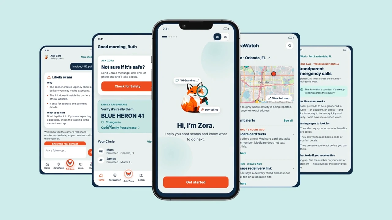 Current ZoraSafe mobile app screens, including Ask Zora, Family Passphrase and ZoraWatch